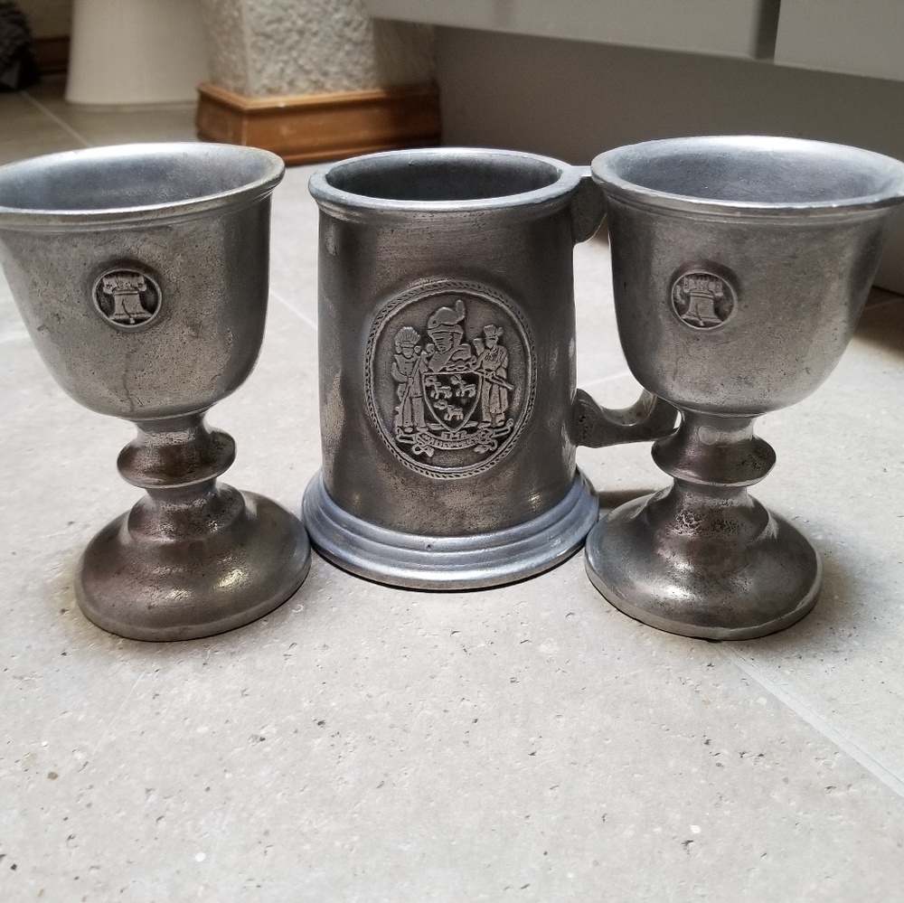 Set of Colonial Pewter Goblets & Beer Stein